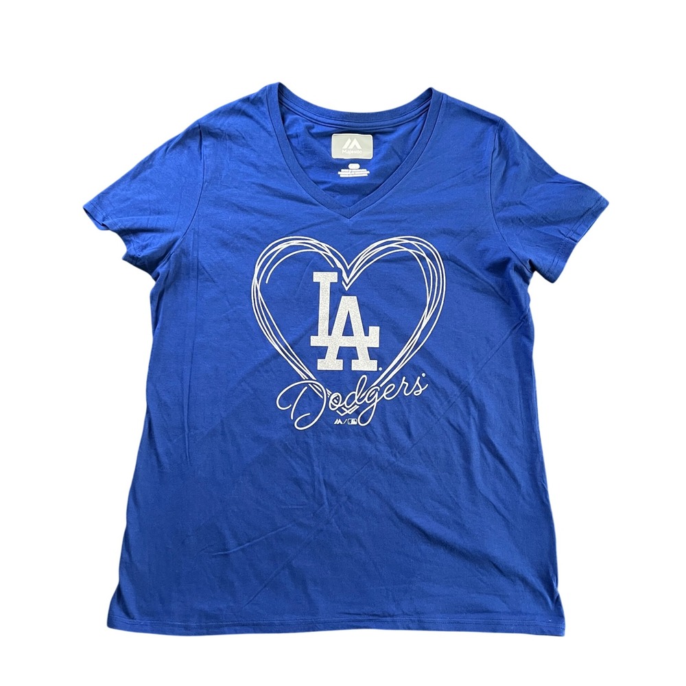 Majestic Los Angeles Dodgers Women's Large Blue V-Neck Glitter Heart Graphic Tee